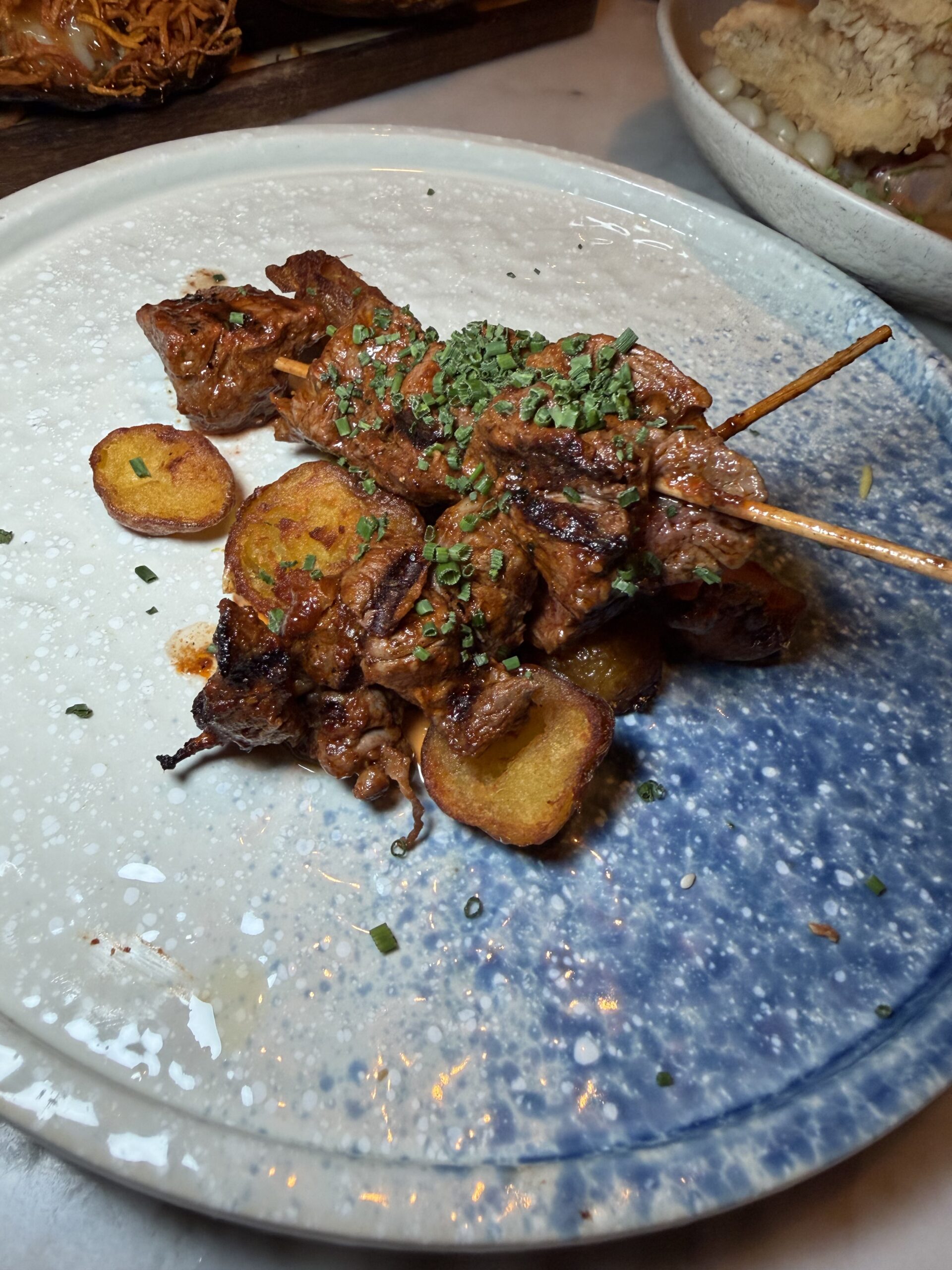 Beef anticuchos, Peruvian beef skewers, at Lima Bistro Aruba